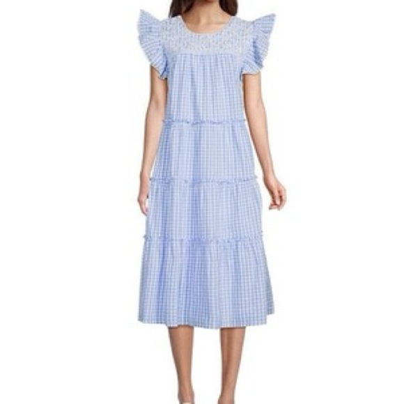 J. MARIE Women's Coco Midi Dress Blue White Gingham Lace Accent Prairie Tier XS - Picture 5 of 9